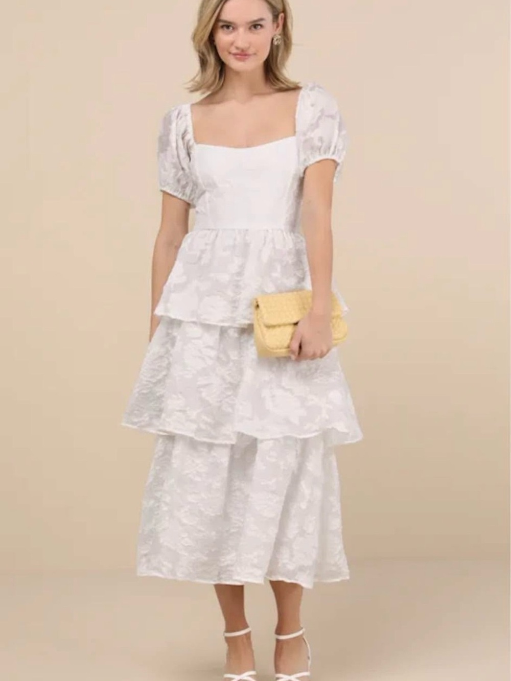 Lulu's White Tiered Puff-Sleeve Midi Dress with Square Neck
